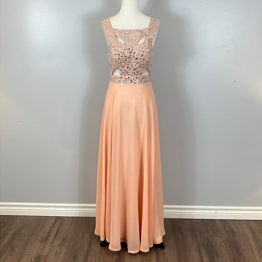 Miss Anne Long Dress Gown with Sparkling Clear Beads & Sequins to Cut Out Bodice